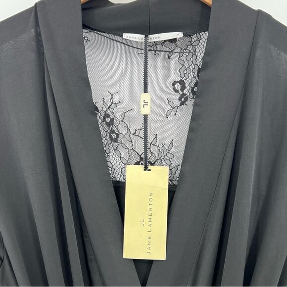 Jane Lamerton black satin lace trim belted midi robe size small NEW - Picture 8 of 12